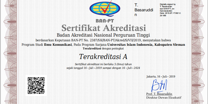 sertifikat akreditasi Komunikasi UII 20192024