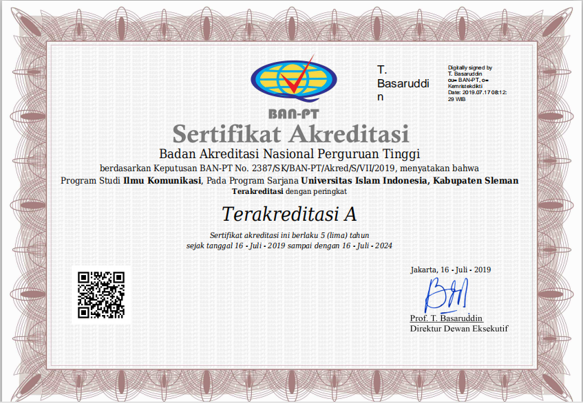 sertifikat akreditasi Komunikasi UII 20192024