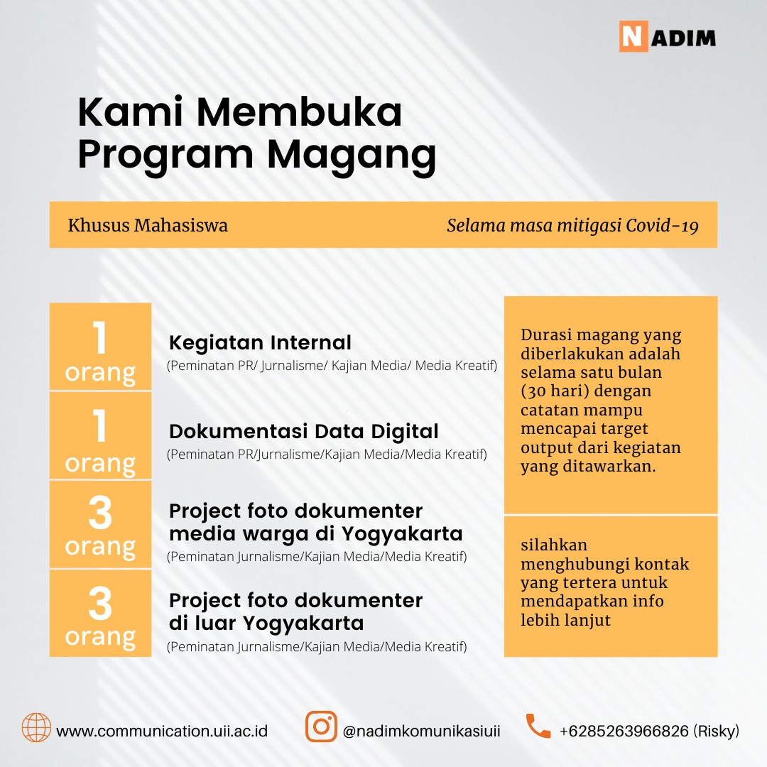 PSDMA Nadim Komunikasi UII Membuka Lowongan Magang Bagi Mahasiswa (Kiriman berita 10 Feb 2021)