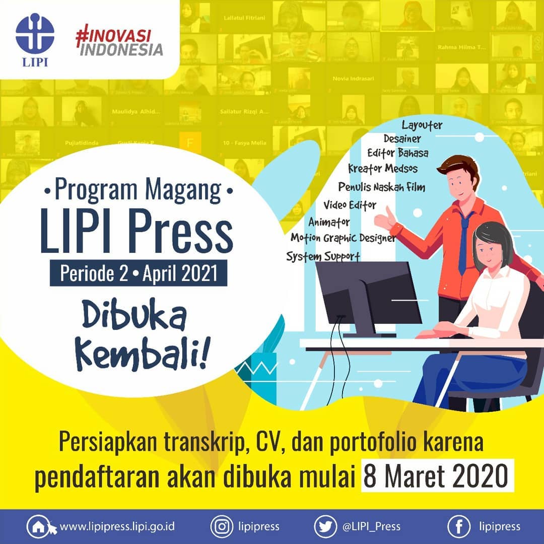 Lowongan Magang Editor, Editor Bahasa, Kreatif Medsos, Desainer di LIPI Press #dirumahaja (Magang April 2021)